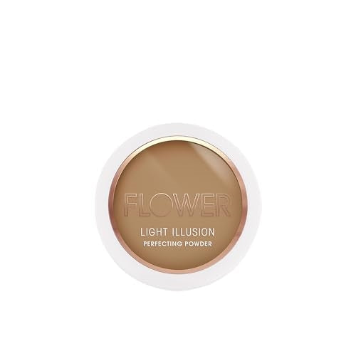FLOWER Beauty By Drew Barrymore Light Illusion Perfecting Powder - Powder Foundation + Setting Powder for Makeup - Medium Buildable Coverage - Natural Glow + Flawless Finish - Mirror + Sponge Include d (Mocha)