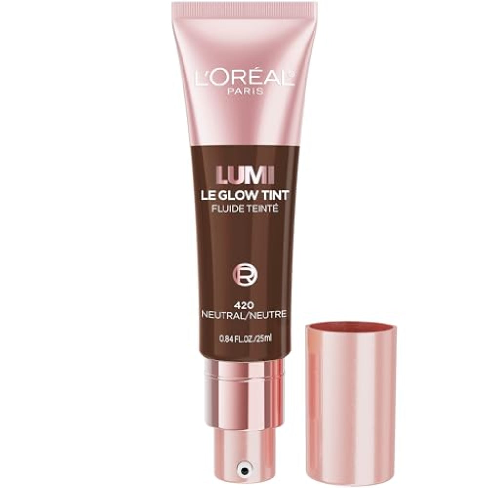 L'Oreal Paris Lumi Le Glow Skin Tint, Lightweight Water-Based Tinted Serum with Foundation-Like Coverage, Glow Illuminator, Neutral 420, 0.85 Fl Oz