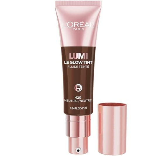 L'Oreal Paris Lumi Le Glow Skin Tint, Lightweight Water-Based Tinted Serum with Foundation-Like Coverage, Glow Illuminator, Neutral 420, 0.85 Fl Oz