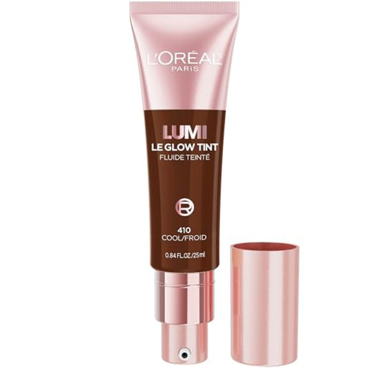 L'Oreal Paris Lumi Le Glow Skin Tint, Lightweight Water-Based Tinted Serum with Foundation-Like Coverage, Glow Illuminator, Cool 410, 0.85 Fl Oz