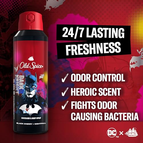 Old Spice Aluminum Free Body Deodorant Dry Body Spray for Men, 24/7 Freshness & Lasting Scent, 24/7 Sweat & Odor Protection, Smell Like a Hero, Batman, Black Cherry & Nightfall Scent, 5.1 oz 2 Pack