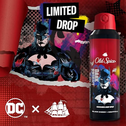 Old Spice Aluminum Free Body Deodorant Dry Body Spray for Men, 24/7 Freshness & Lasting Scent, 24/7 Sweat & Odor Protection, Smell Like a Hero, Batman, Black Cherry & Nightfall Scent, 5.1 oz 2 Pack