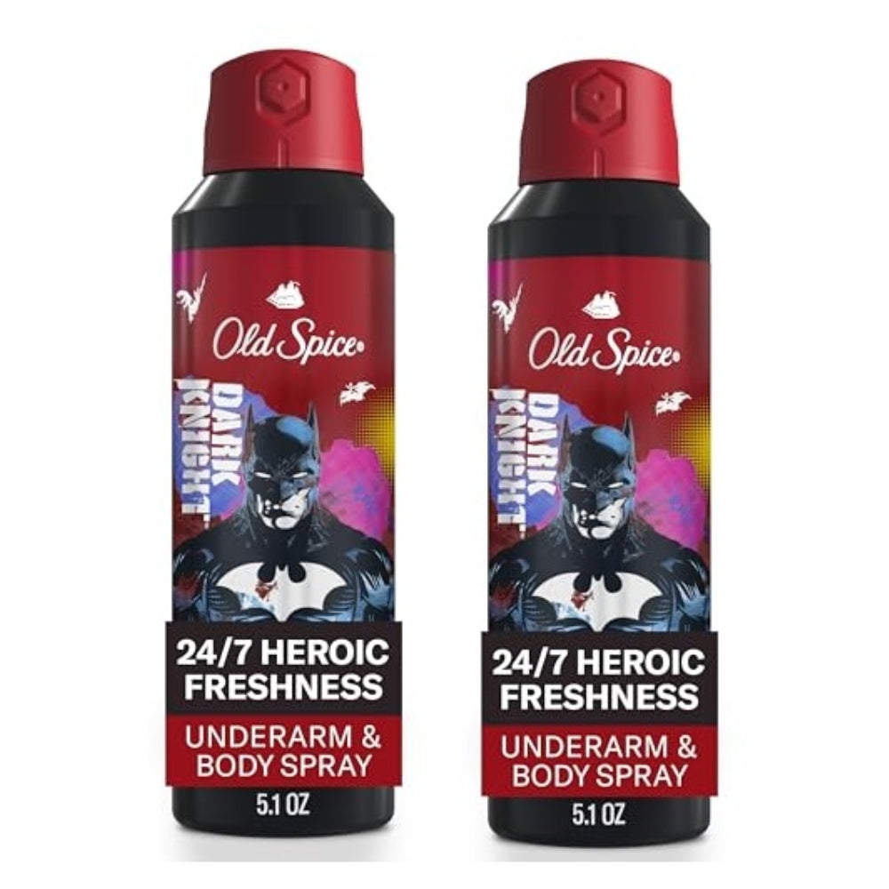 Old Spice Aluminum Free Body Deodorant Dry Body Spray for Men, 24/7 Freshness & Lasting Scent, 24/7 Sweat & Odor Protection, Smell Like a Hero, Batman, Black Cherry & Nightfall Scent, 5.1 oz 2 Pack