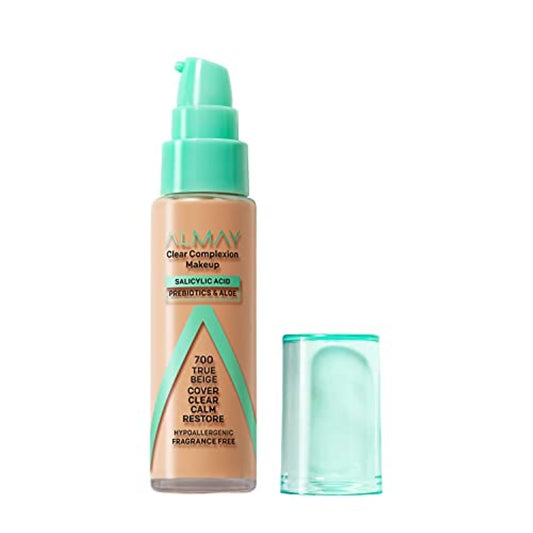 Almay Clear Complexion Acne Foundation Makeup with Salicylic Acid, Medium Coverage, Soft Matte Finish, Hypoallergenic, Cruelty- & Fragrance-Free, Dermatologist Tested, 700 True Beige, 1 fl oz