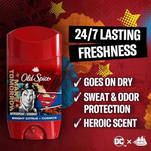 Old Spice Antiperspirant and Deodorant for Men, 24/7 Freshness & Lasting Scent, 24/7 Long Lasting Sweat & Odor Protection, Smell Like a Hero, Superman, Bright Citrus and Cosmos Scent, 2.6 oz (2 Pack)