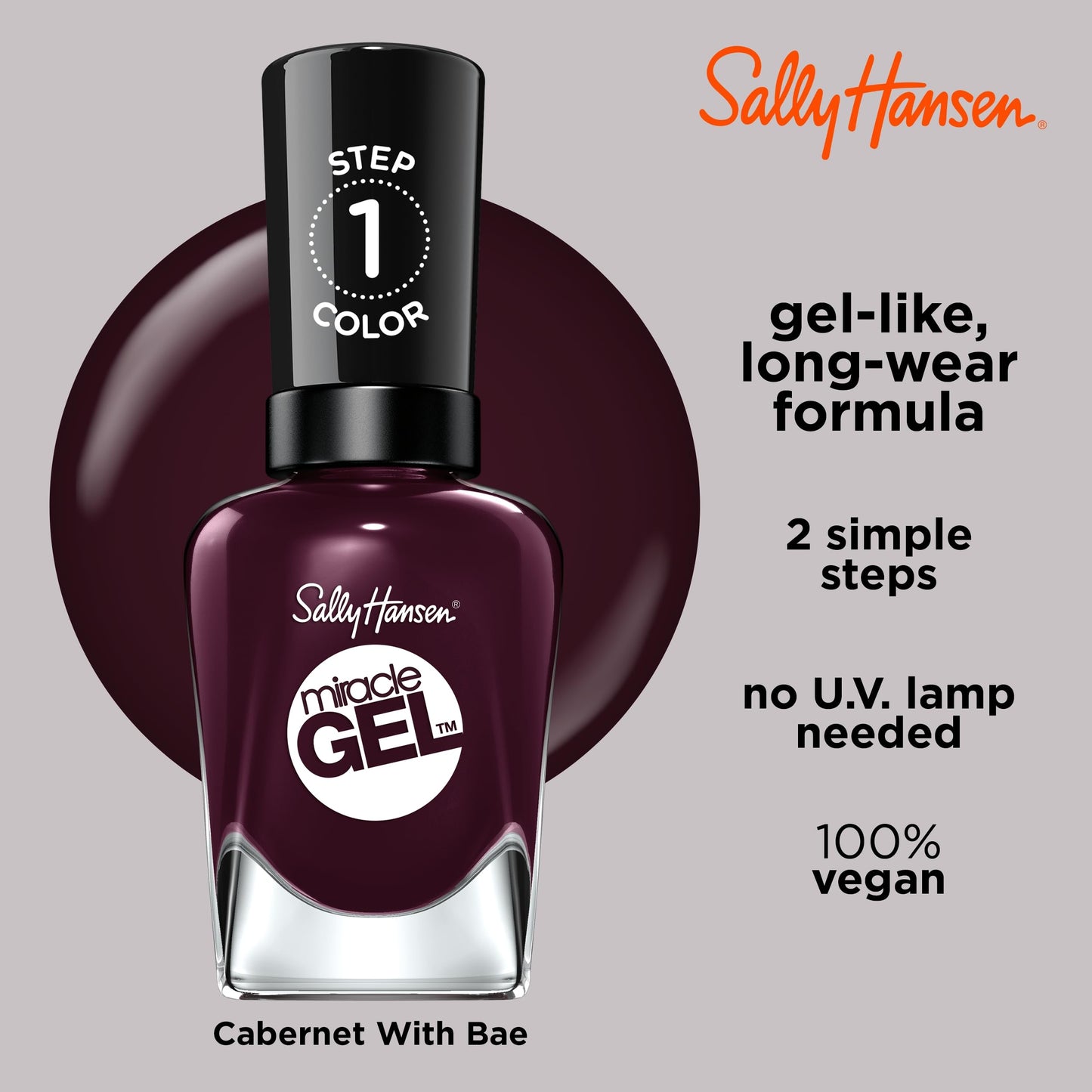 Sally Hansen Miracle Gel, Cabernet With Bae, Long Lasting, Gel-Like Formula, No UV Lamp Needed, Opaque, Shiny Red Nail Polish