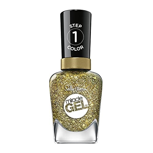 Sally Hansen Miracle Gel Salon Quality Nail Polish | Gel-Like Formula, Two-Step System, No UV Light Needed, Long Lasting | Semi-Opaque, Glittery | 777 Sunken Treasure | Gold Glitter Nail Polish