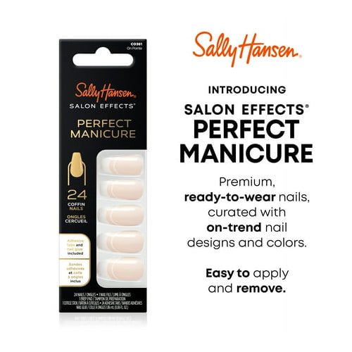 Sally Hansen Perfect Manicure Press On Nails, Coffin Shape, On Pointe French Manicure, 24 False Nails