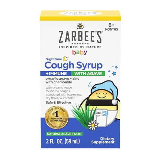 Zarbee's Baby Nighttime Cough Syrup + Immune, Baby Cough Syrup, Organic Agave + Zinc & Chamomile, Cough Syrup for Babies, No Drugs or Artificial Flavors, Natural Agave Taste, 2 fl. oz