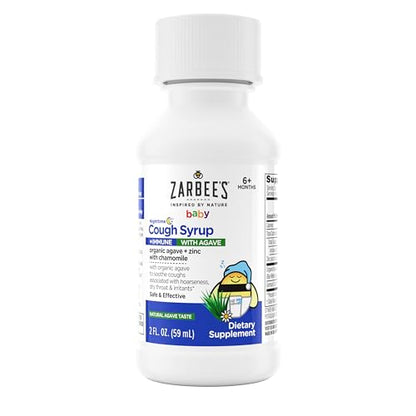 Zarbee's Baby Nighttime Cough Syrup + Immune, Baby Cough Syrup, Organic Agave + Zinc & Chamomile, Cough Syrup for Babies, No Drugs or Artificial Flavors, Natural Agave Taste, 2 fl. oz