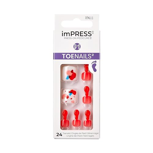 KISS imPRESS No Glue Pedi Press-On Toenails, Ruby, Red, White, Squoval Shape, Includes 24 Nails, Prep Pad, 1 Manicure Stick, 1 Mini File