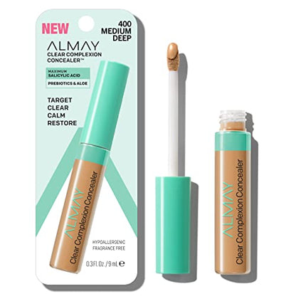 Almay Clear Complexion Acne & Blemish Spot Treatment Concealer Makeup with Salicylic Acid- Lightweight, Full Coverage, Hypoallergenic, Fragrance-Free, for Sensitive Skin, 400 Medium/Deep, 0.3 fl oz.