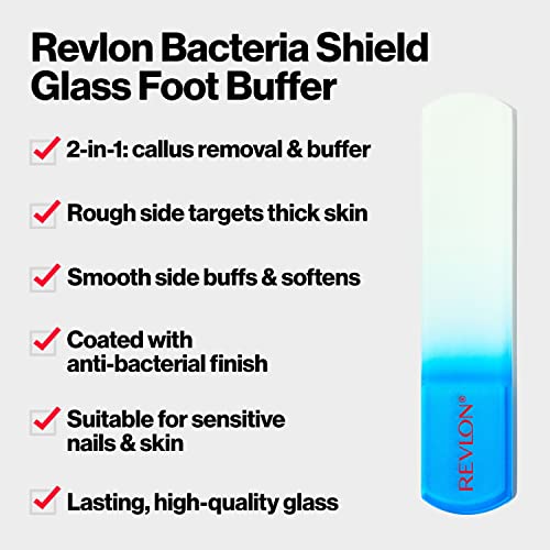 Revlon Bacteria Shield Glass Foot Buffer with Anti-Bacterial Technology, Two Surfaces to Exfoliates & Smoothes Skin, Self-Clean & Fully Recyclable