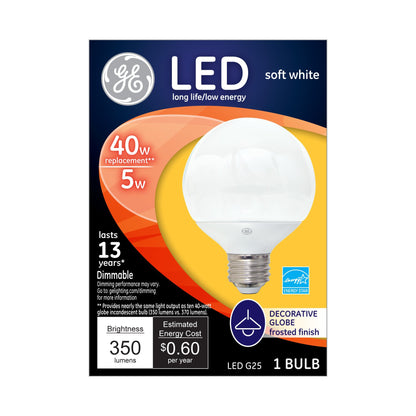 GE Lighting 37906 LED G25 Decorative Bulb with Candelabra Base, 5-Watt, Soft White, 2-Pack