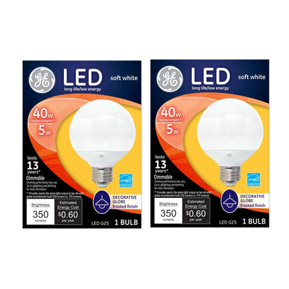 GE Lighting 37906 LED G25 Decorative Bulb with Candelabra Base, 5-Watt, Soft White, 2-Pack