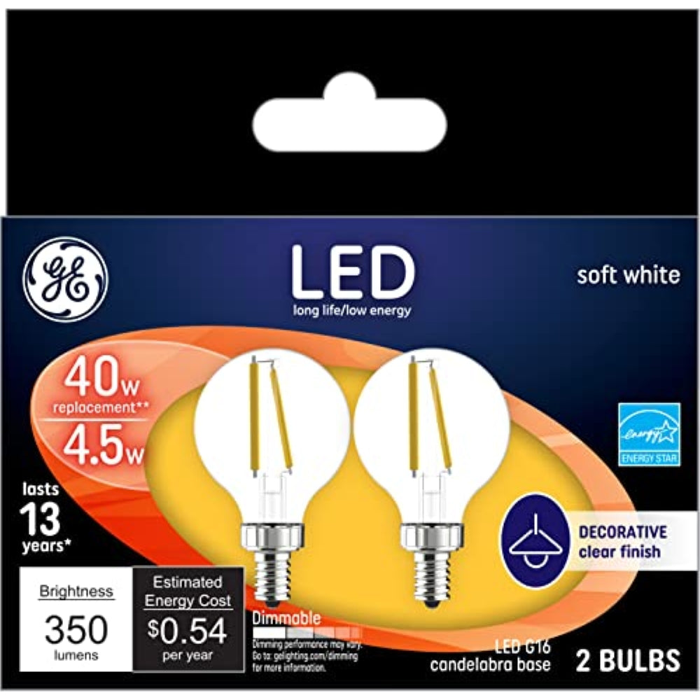 GE LED Globe Light Bulbs, 4 Watts (40 Watt Equivalent) Soft White, Frosted Finish, Candelabra Base, Dimmable (2 Pack)