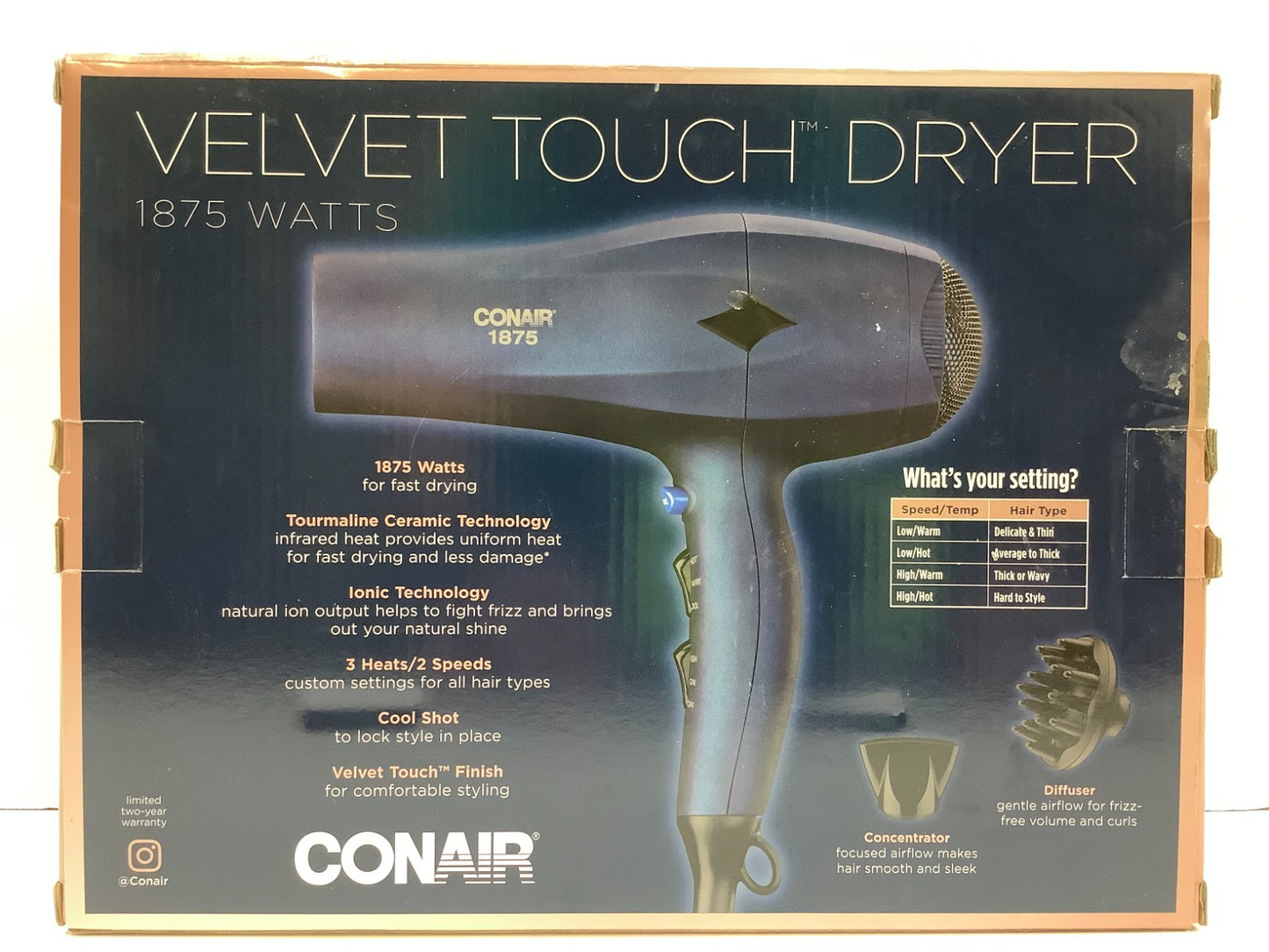 Conair Velvet Touch Dryer, 1875 Watts, w/Diffuser & Concentrator