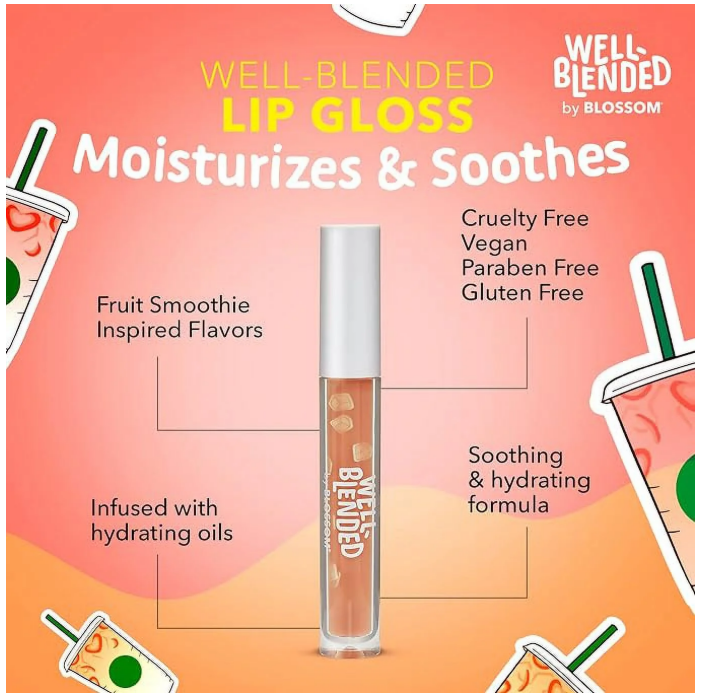 Blossom Lip Gloss Well Blended Fruit Flavored Smoothie Inspired Moisturizing Lip Care, Hydrating Lip Gloss with Wand Applicator, 0.10oz, Coffee Craze