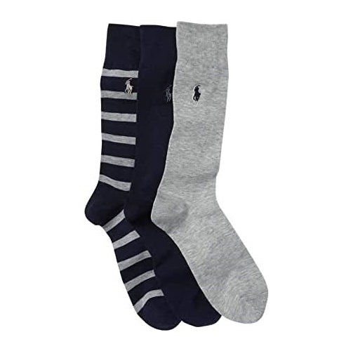 Polo Ralph Lauren 3 Pairs of Mens Casual Dress Trouser Socks 10-13 (Navy Grey Striped)