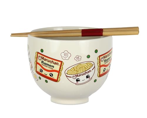 Mad Engine Ramen Bowl Maruchan Kawaii Noodles Microwave Dishwasher Safe Ceramic Bowl w/Reusable Bamboo Chopsticks (Kawaii Noodles)