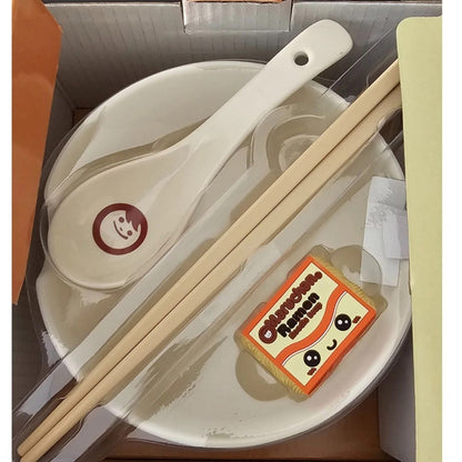 Mad Engine Ramen Bowl Maruchan Kawaii Noodles Microwave Dishwasher Safe Ceramic Bowl w/Reusable Bamboo Chopsticks (Kawaii Noodles)