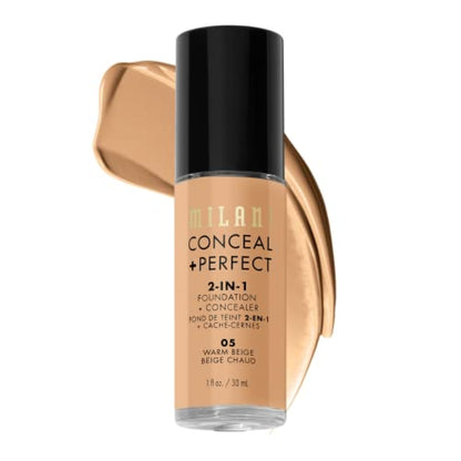 Milani Conceal + Perfect 2-in-1 Foundation + Concealer for a Flawless Complexion, Under Eye Corrector, Cover Redness and Imperfections, Waterproof and Sweatproof - Warm Beige