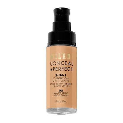 Milani Conceal + Perfect 2-in-1 Foundation + Concealer for a Flawless Complexion, Under Eye Corrector, Cover Redness and Imperfections, Waterproof and Sweatproof - Warm Beige
