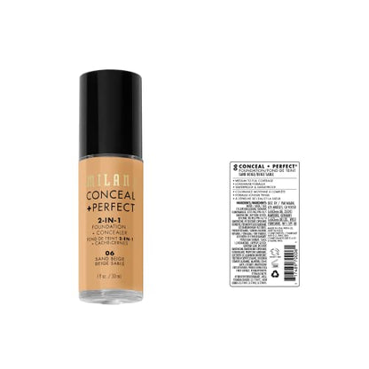 Milani Conceal + Perfect 2-in-1 Foundation + Concealer for a Flawless Complexion, Under Eye Corrector, Cover Redness and Imperfections, Waterproof and Sweatproof - Sand Beige