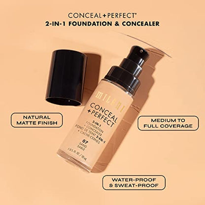 Milani Conceal + Perfect 2-in-1 Foundation + Concealer for a Flawless Complexion, Under Eye Corrector, Cover Redness and Imperfections, Waterproof and Sweatproof - Light Tan