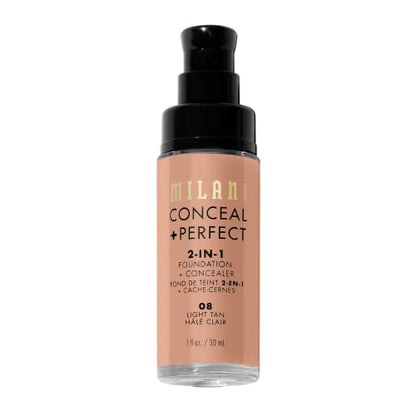 Milani Conceal + Perfect 2-in-1 Foundation + Concealer for a Flawless Complexion, Under Eye Corrector, Cover Redness and Imperfections, Waterproof and Sweatproof - Light Tan