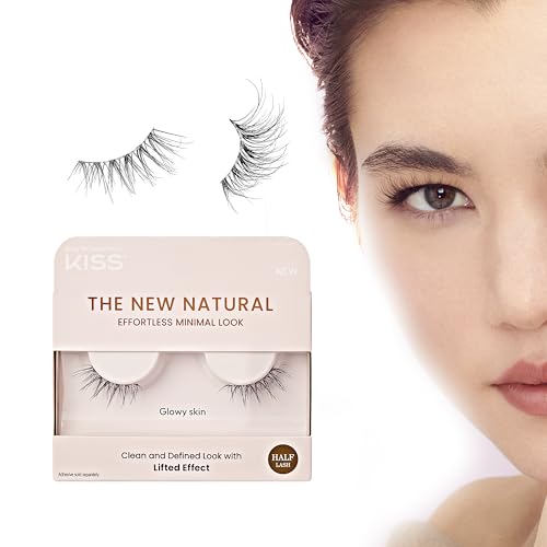 KISS The New Natural False Eyelashes, 'Glowy Skin', 12 mm, Natural Volume, Easy to Apply, Reusable Fake Eyelashes, Vegan & Cruelty Free, Includes 1 Pair Of Half Lashes - 3 Pack