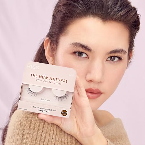 KISS The New Natural False Eyelashes, 'Glowy Skin', 12 mm, Natural Volume, Easy to Apply, Reusable Fake Eyelashes, Vegan & Cruelty Free, Includes 1 Pair Of Half Lashes - 3 Pack