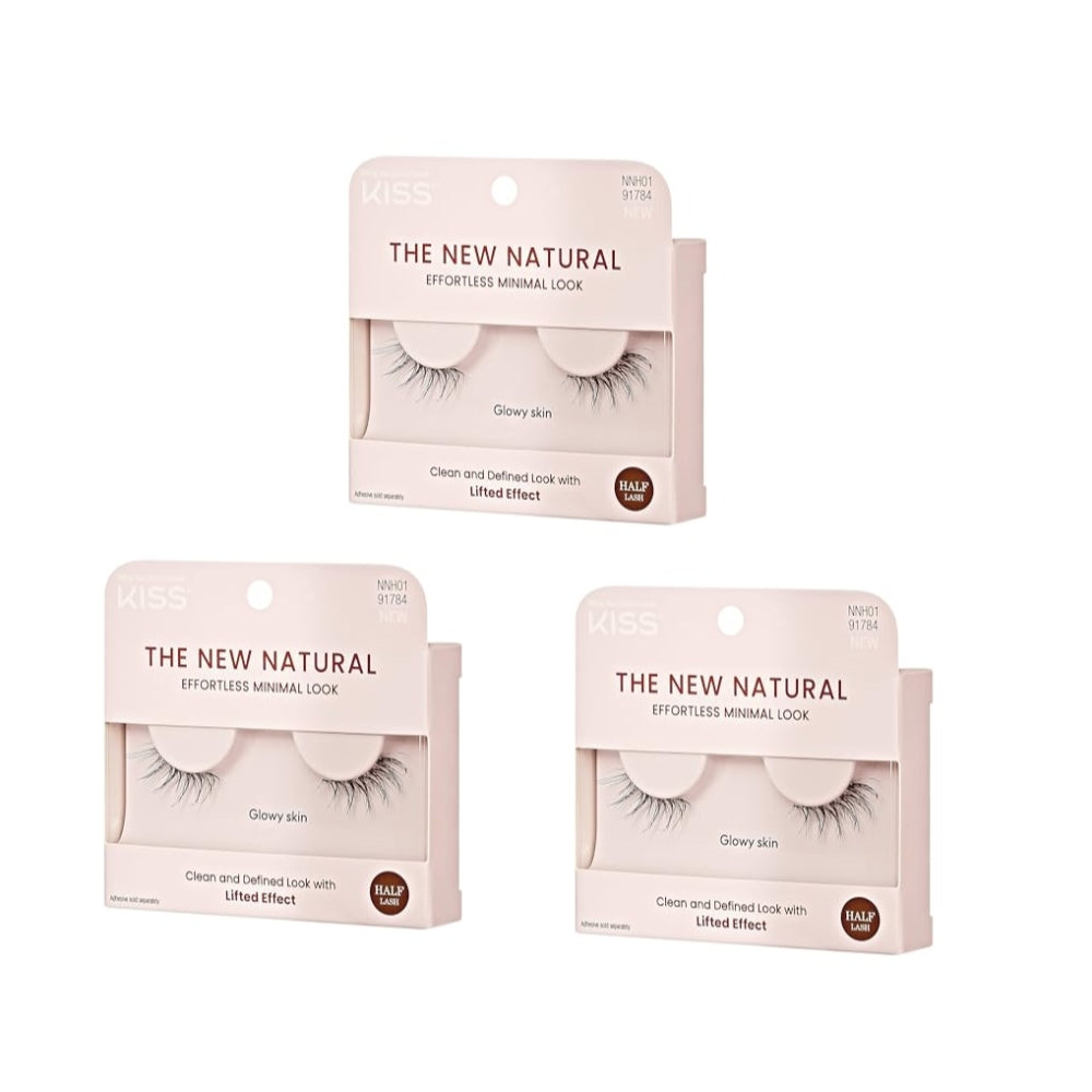 KISS The New Natural False Eyelashes, 'Glowy Skin', 12 mm, Natural Volume, Easy to Apply, Reusable Fake Eyelashes, Vegan & Cruelty Free, Includes 1 Pair Of Half Lashes - 3 Pack