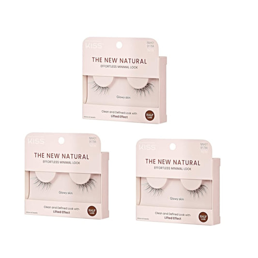 KISS The New Natural False Eyelashes, 'Glowy Skin', 12 mm, Natural Volume, Easy to Apply, Reusable Fake Eyelashes, Vegan & Cruelty Free, Includes 1 Pair Of Half Lashes - 3 Pack