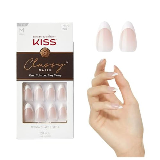KISS Classy, Press On Nails, Nail glue included, 'Dashing', White, Medium Size, Almond Shape, Includes 28 Nails, 2g glue, 1 Manicure Stick, 1 Mini File