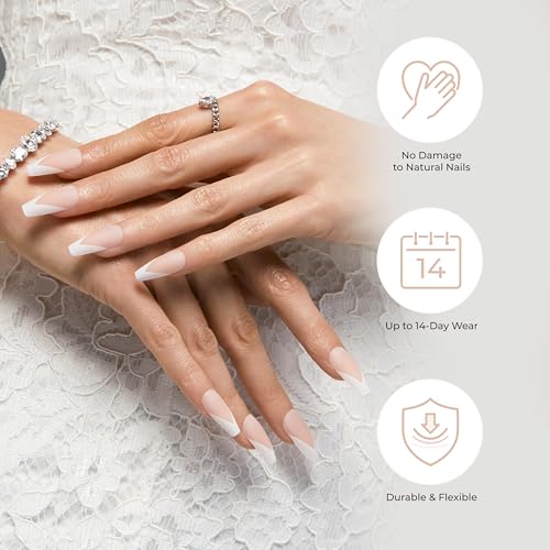 KISS Classy, Press On Nails, Nail glue included, 'Dashing', White, Medium Size, Almond Shape, Includes 28 Nails, 2g glue, 1 Manicure Stick, 1 Mini File