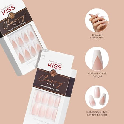 KISS Classy, Press On Nails, Nail glue included, 'Dashing', White, Medium Size, Almond Shape, Includes 28 Nails, 2g glue, 1 Manicure Stick, 1 Mini File
