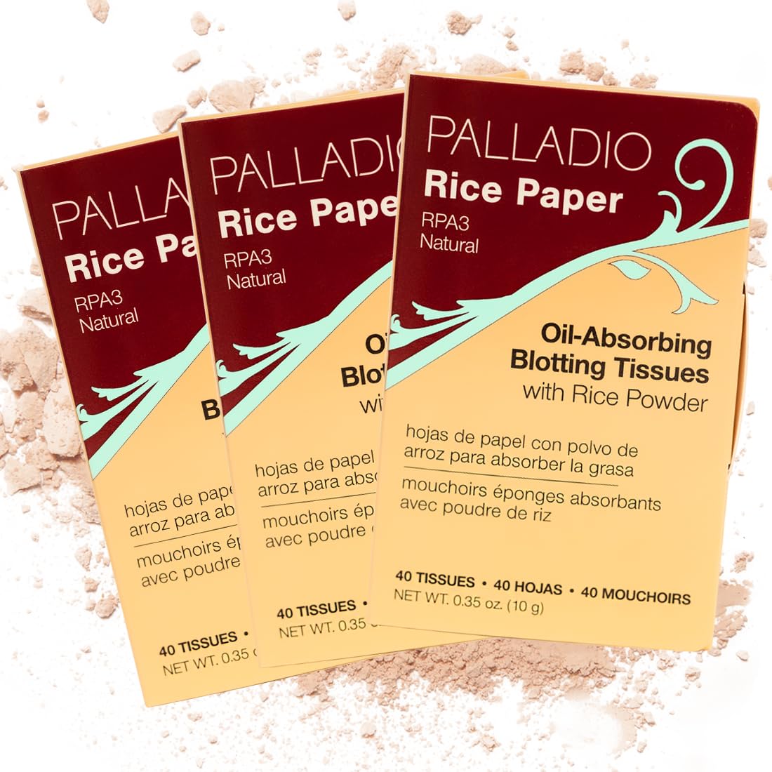 Palladio Rice Paper Facial Tissues for Oily Skin, Face Blotting Sheets Made from Natural Rice, Oil Absorbing Paper with Rice Powder, 2 Sided, Instant Results, Natural, 40 Count, Pack of 3
