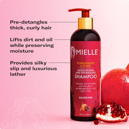 Mielle Organics Pomegranate & Honey Moisturizing and Detangling Shampoo & Conditioner- Curly Hair for Women - Enriched with Honey & Babassu Oil to Lift Dirt, Loosen Tangles & Retain Moisture (12 Fl Oz)