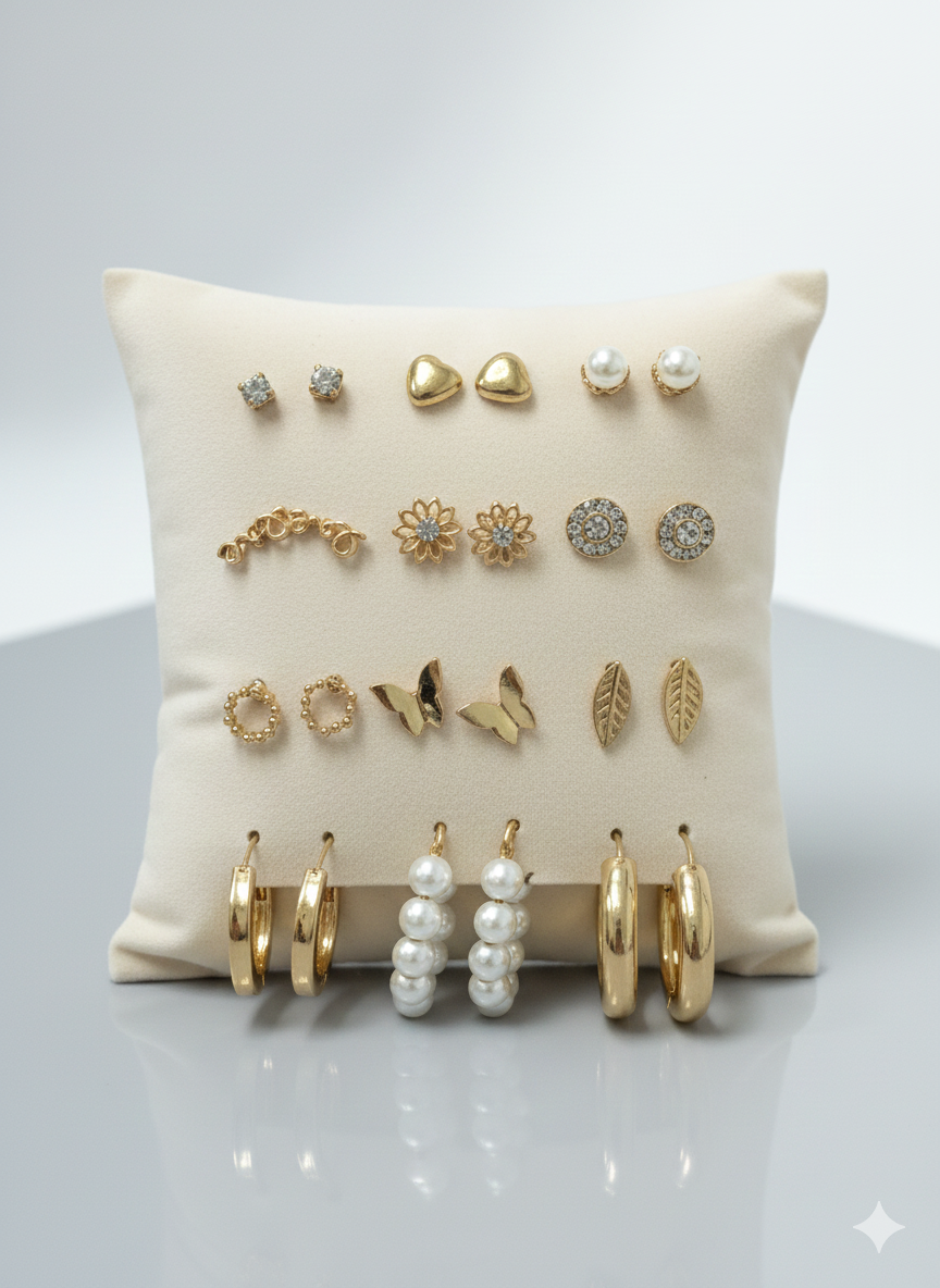 Kasa Style 12 Pairs Gold Pearls Diamonds Earrings- Aros, Fashion Jewelery