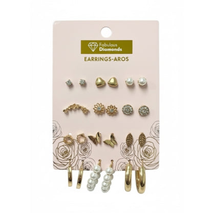 Kasa Style 12 Pairs Gold Pearls Diamonds Earrings- Aros, Fashion Jewelery