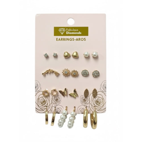 Kasa Style 12 Pairs Gold Pearls Diamonds Earrings- Aros, Fashion Jewelery