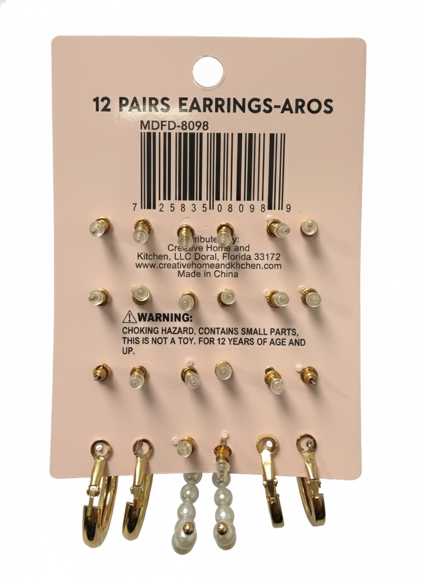 Kasa Style 12 Pairs Gold Pearls Diamonds Earrings- Aros, Fashion Jewelery