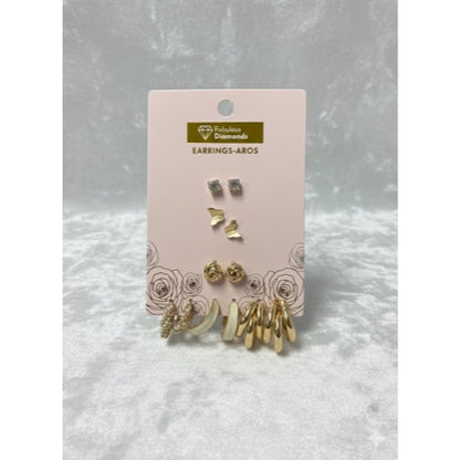 Fabulous Diamonds 6-Pair Earring Set - Gold Tone Hoops, Studs, Butterflies & Knots