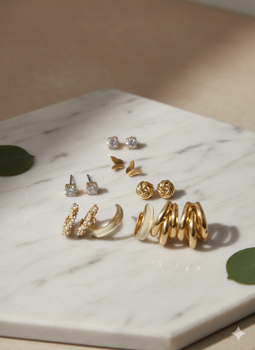 Fabulous Diamonds 6-Pair Earring Set - Gold Tone Hoops, Studs, Butterflies & Knots