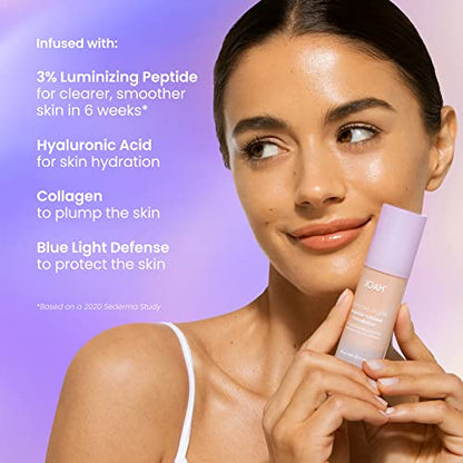 JOAH Crystal Glow Peptide-Infused Foundation, 2-in-1 Multitasking Korean Makeup with Blurring Face Primer, Luminizer, Hydration & Skin Defense for a Flawless Finish, 1.01 Oz, Light Warm