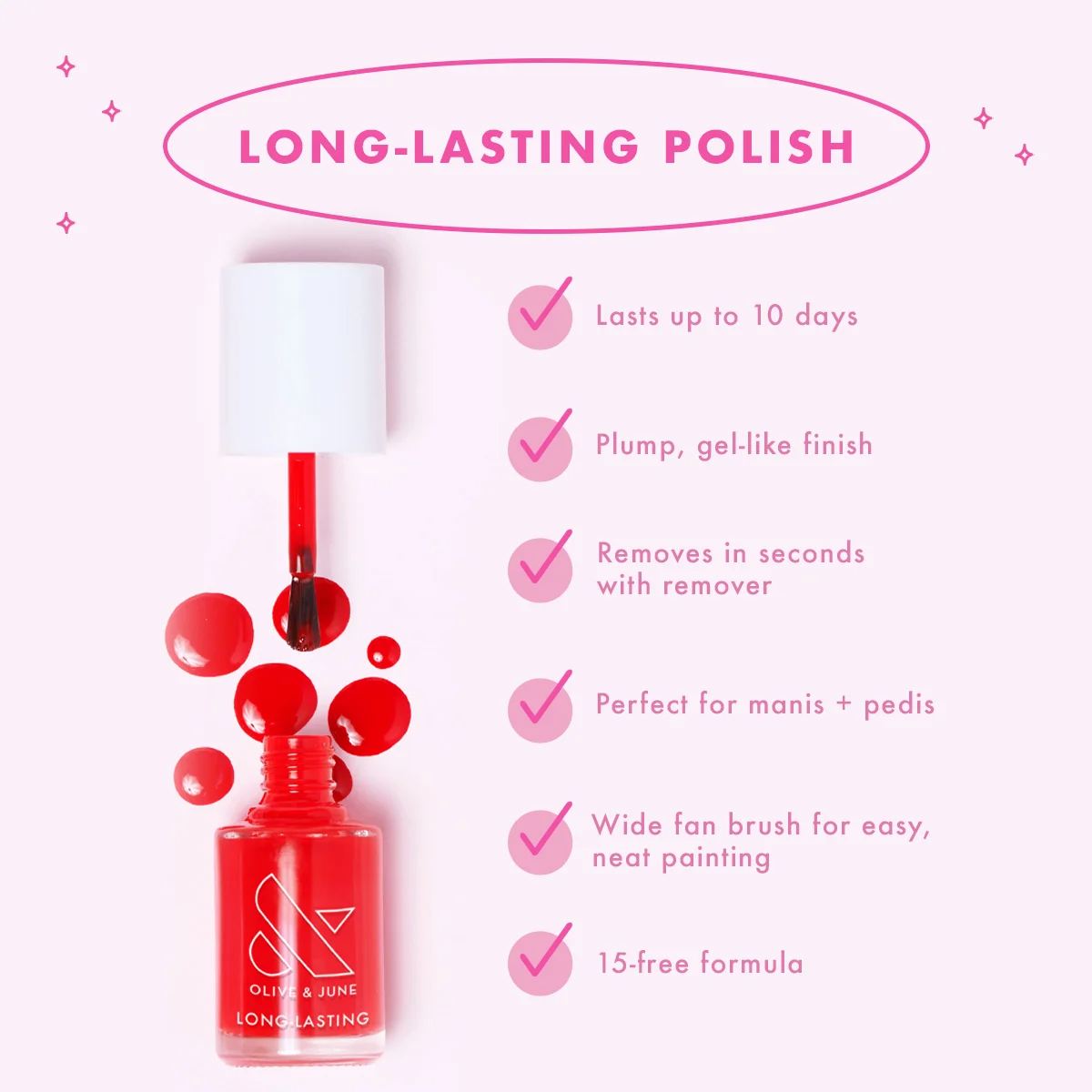 Olive & June Long Lasting Nail Polish | Plump, Gel-Like Finish No Lamp Needed | Lasts up to 10 days | Salon-Quality at Home | 15-Free, Vegan Cruelty-Free Chip-Resistant | Hot Strawberry