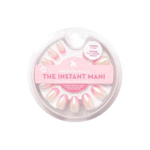 Olive & June Instant Mani Press On Nails (Glue) | Short | Round 42 Fake Nails, 21 Sizes Non-Toxic, Long-Lasting Recycled Materials Realistic Look | Pink Chrome French