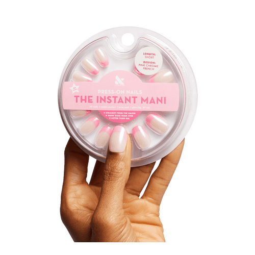 Olive & June Instant Mani Press On Nails (Glue) | Short | Round 42 Fake Nails, 21 Sizes Non-Toxic, Long-Lasting Recycled Materials Realistic Look | Pink Chrome French