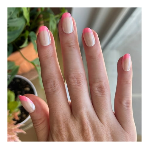 Olive & June Instant Mani Press On Nails (Glue) | Short | Round 42 Fake Nails, 21 Sizes Non-Toxic, Long-Lasting Recycled Materials Realistic Look | Pink Chrome French